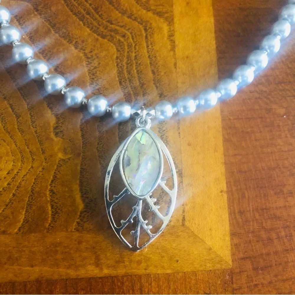 Handcrafted repurpose abalone shell botanical pendant Czech glass Pearl necklace